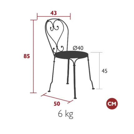 Fermob 1900 outdoor metal chair with a classic design, featuring a slatted seat and curved armrests for outdoor dining or patio.