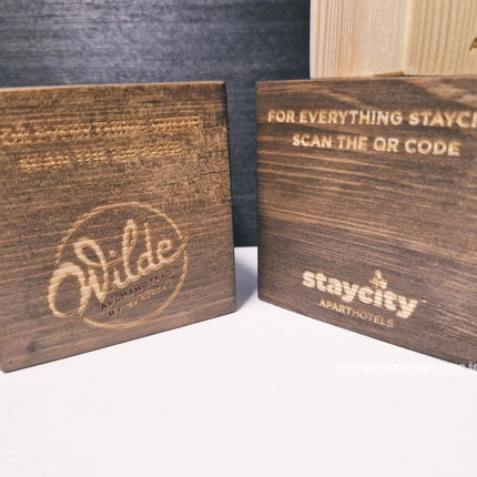 QR Code Block 3 sides Stained & Branded 10-1000 Custom Wood Designs CustomWoodDesignsIrelandStayCityWoodQRcodeBlocksWoodbrandingIrelandHospitalitysignsIrelandQRCodesIreland_5