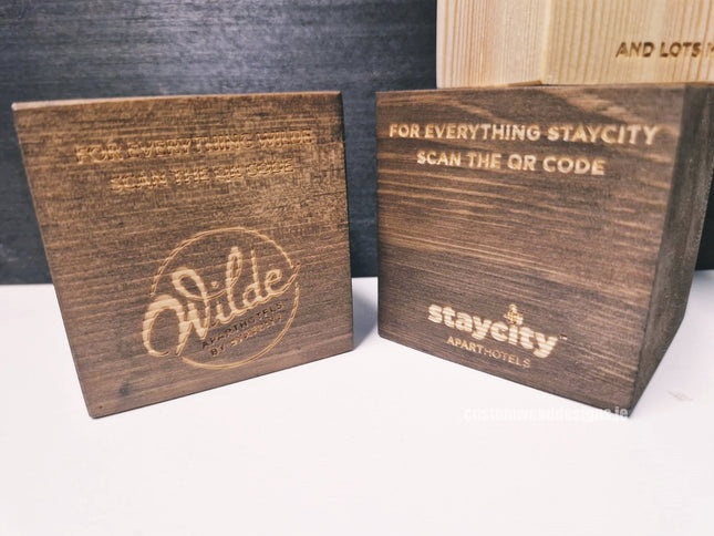 QR Code Block 5 sides Stained & Branded 10-1000 Custom Wood Designs CustomWoodDesignsIrelandStayCityWoodQRcodeBlocksWoodbrandingIrelandHospitalitysignsIrelandQRCodesIreland_5_049ed762-9e8f-4efd-9325-e7db08d99f37