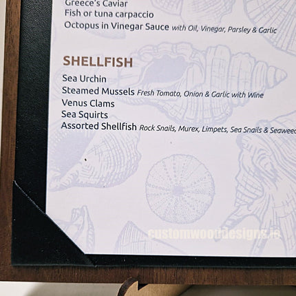 A4 Walnut album menu display by Securit, showing a sleek wooden menu holder with multiple pages for restaurant menus.