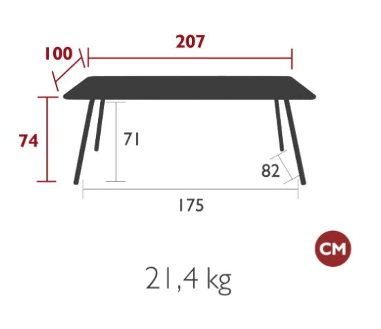 Fermob Luxembourg outdoor table measuring 207x100 cm with a sleek, modern design suitable for patio or garden use.