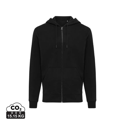 IQONIQ Abisk recycled cotton zip hoodie, front view showing green color, adjustable drawstrings, and zipper closure.