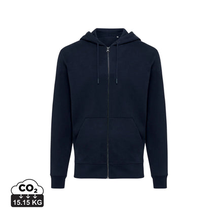 Recycled cotton zip hoodie by iqoniq, showing front view with adjustable drawstrings and ribbed cuffs in textile fabric.