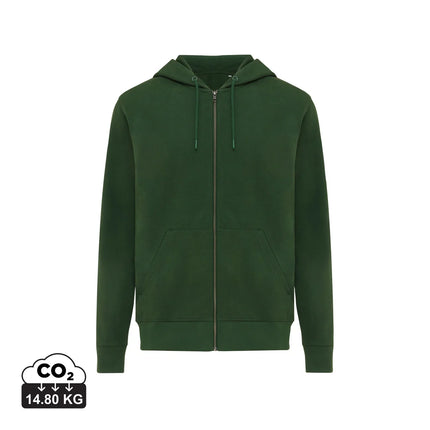Recycled cotton zip-through hoodie by iqoniq in XS size, featuring a soft textile fabric and a stylish zip front design.