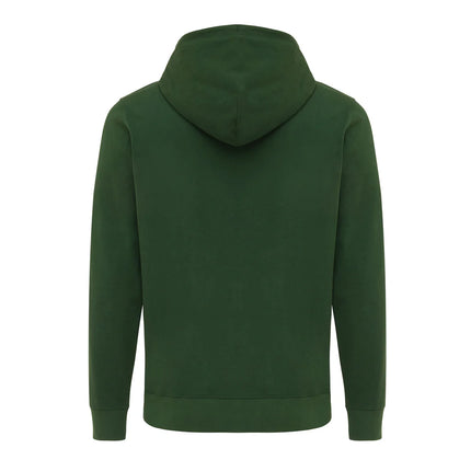 Iqoniq Abisk recycled cotton zip hoodie, close-up showing green fabric, front zipper, and casual textile design.