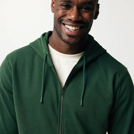 Recycled cotton zip-through hoodie by iqoniq, casual textile hoodie with front zipper and comfortable fit.