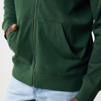 Recycled cotton zip hoodie by iqoniq featuring a front zipper, soft fabric, and casual fit in a stylish textile design.
