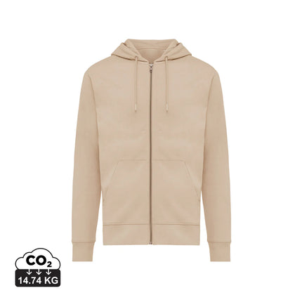 Recycled cotton zip hoodie by iqoniq, featuring a front zipper, soft fabric, and casual fit in a stylish textile design.