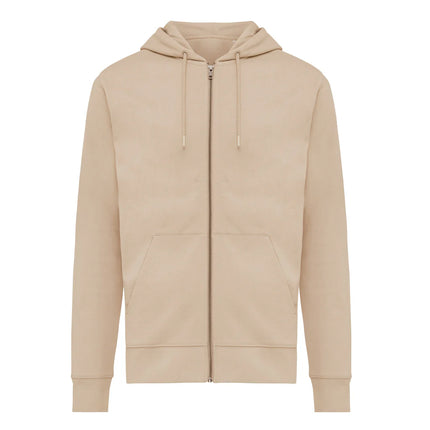 Iqoniq Abisk recycled cotton zip hoodie, front view showing green color, hood, and zip closure, made from eco-friendly textile material.