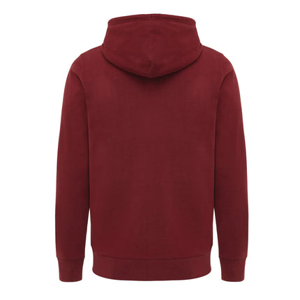Recycled cotton zip-through hoodie by iqoniq, showing front view with hood and full-length zipper on textile material.