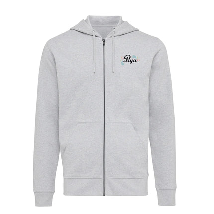 iqoniq Abisk recycled cotton zip hoodie, close-up showing green fabric, front zipper, and soft textured textile material