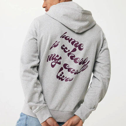 Recycled cotton zip hoodie by iqoniq, casual textile hoodie with front zipper and hood, in a natural fabric appearance.
