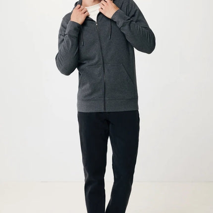 Iqoniq Abisk recycled cotton zip hoodie, front view showing green color, adjustable hood, and full-length zipper.