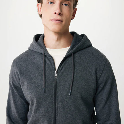 Iqoniq Abisk recycled cotton zip-up hoodie, soft textile with front zipper and casual fit, eco-friendly fashion choice.
