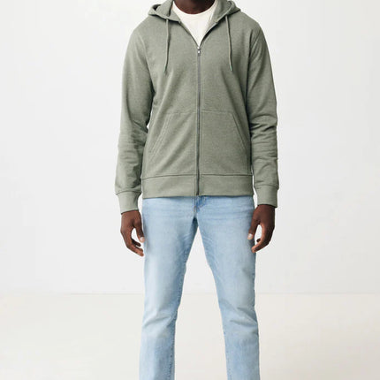 Iqoniq Abisk recycled cotton zip hoodie, showing front view with hood and zipper, made from eco-friendly textile material.