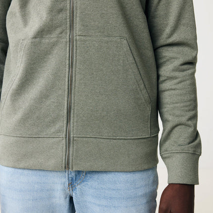 Recycled cotton zip-through hoodie by iqoniq featuring a front zipper and casual fit, in soft textile material.