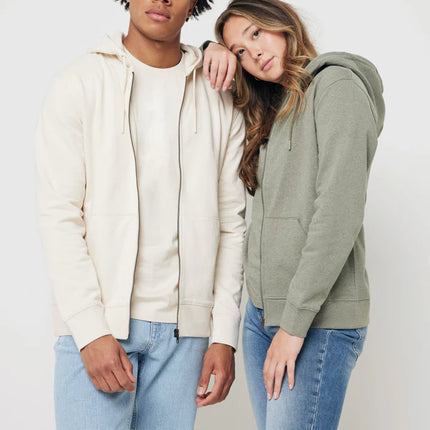 Iqoniq Abisk recycled cotton zip-through hoodie in textile, featuring a front zipper and casual fit.