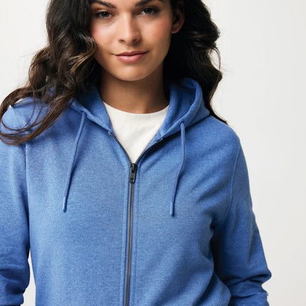 Iqoniq Abisk recycled cotton zip hoodie in textile with front zipper and hood, showcasing eco-friendly casual wear.