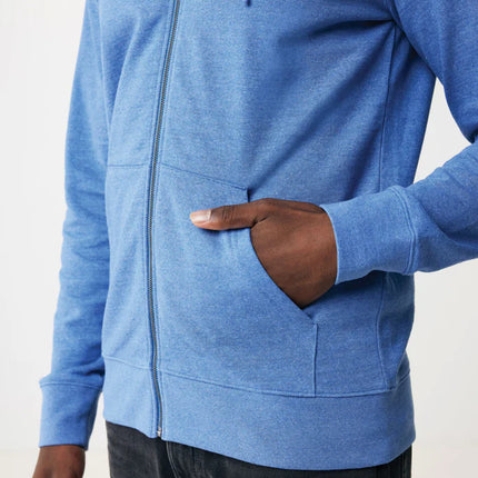 Iqoniq Abisk recycled cotton zip hoodie in textile, featuring a front zipper and cozy design, shown in a natural fabric texture.