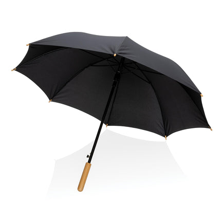 Set of 12 black 23-inch rain umbrellas with bamboo handles by Custom Wood Designs, durable and stylish for rainy days.