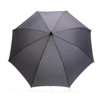 Black 23-inch rain umbrella with bamboo handle, pack of 12, by Custom Wood Designs, featuring a sturdy canopy and natural wooden handle.