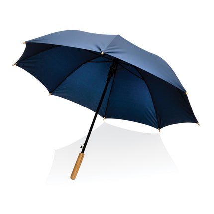 Set of 12 black 23-inch rain umbrellas with bamboo handles by Custom Wood Designs, lightweight and durable for rainy days.