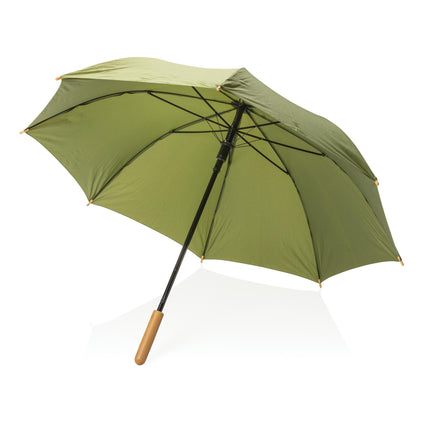 Pack of 12 black rain umbrellas with bamboo handles by Custom Wood Designs, 23-inch size, shown with open umbrellas.