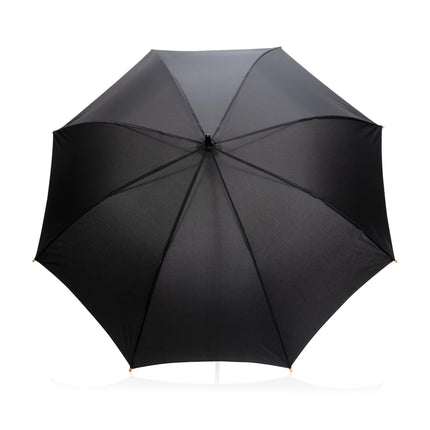 Black 23-inch rain umbrella with bamboo handle, shown in a pack of 12, by Custom Wood Designs.