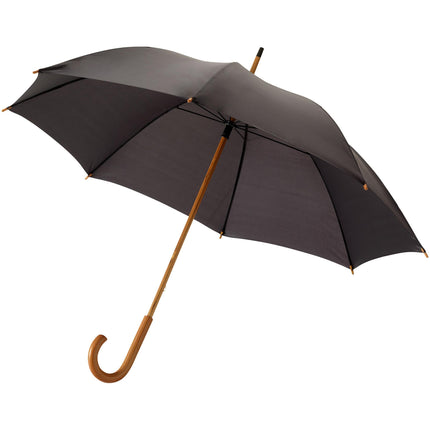 Set of 25 black 23-inch rain umbrellas with wooden shafts by Custom Wood Designs, ideal for outdoor protection.