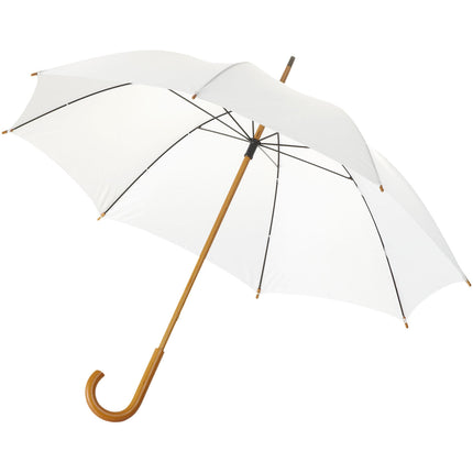 Set of 25 black rain umbrellas with wooden shafts from Custom Wood Designs, 23-inch size, suitable for outdoor protection.