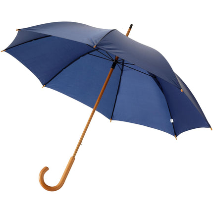 Set of 25 black 23-inch rain umbrellas with wooden shafts by Custom Wood Designs, perfect for outdoor rain protection.