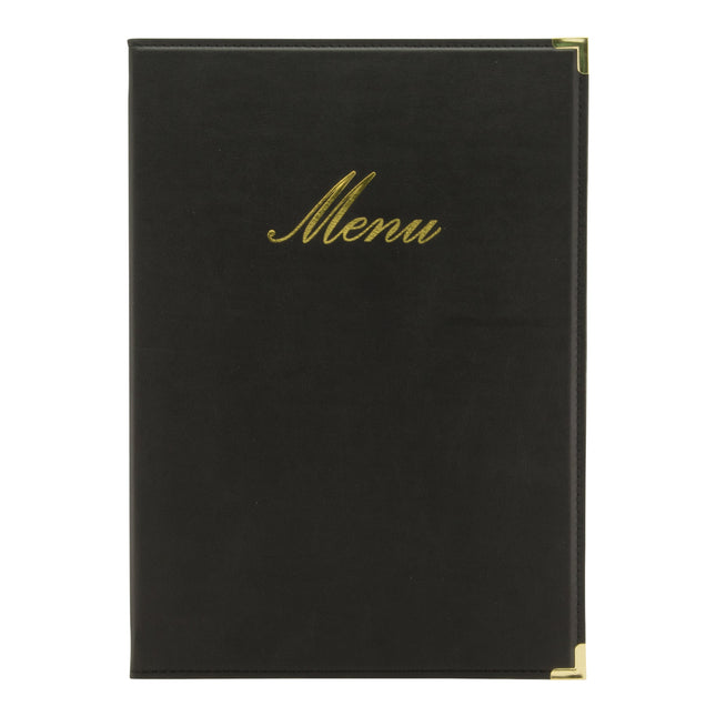 Set of 10 black A4 leather menu covers by Custom Wood Designs, featuring sleek, durable covers for restaurant menus.