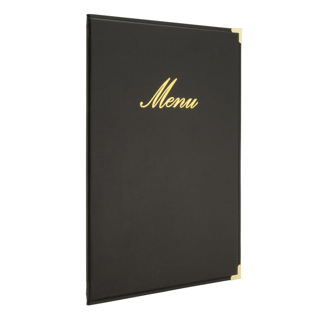 Set of 10 black A4 leather menu covers from Custom Wood Designs with secure binding and professional appearance.