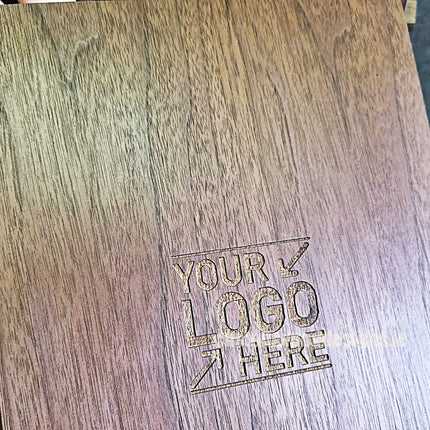A set of 20 A4 walnut album menu displays by Securit, featuring sleek wooden covers for restaurant or event menus.