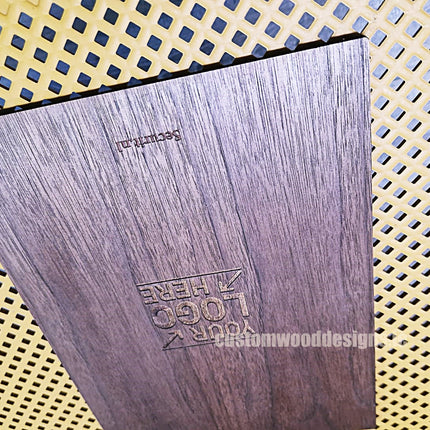 A set of 20 A4 walnut album menu displays and boards by Securit, featuring wooden covers and clear interior pages for menus.