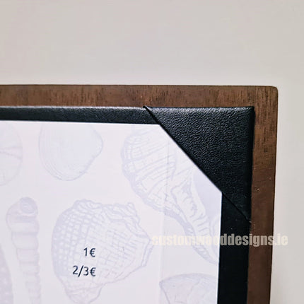 A set of 20 A4 walnut album menu displays by Securit, featuring sleek wooden covers for restaurant or event menus.