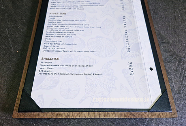 20 x A4 walnut album menu displays by Securit, featuring wooden covers and multiple pages for restaurant or event menus.