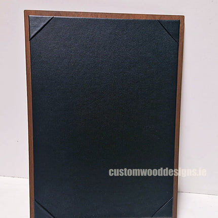 Dark walnut A4 menu album display with 20 slots for restaurant or cafe menus, branded Securit.