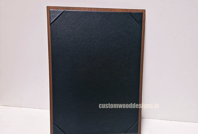 Dark walnut A4 menu album display with 20 slots for restaurant or cafe menus, branded Securit.