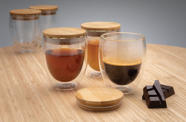 Double wall borosilicate glass with bamboo lid 250ml pack of 25 Custom Wood Designs __label: Multibuy default-title-double-wall-borosilicate-glass-with-bamboo-lid-250ml-pack-of-25-53613718110551