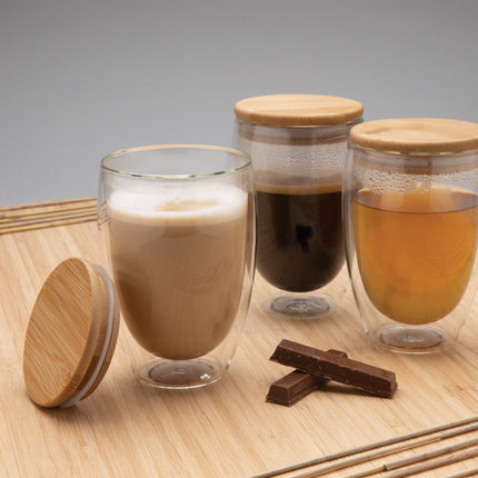 Double wall borosilicate glass with bamboo lid 350ml pack of 25 Custom Wood Designs __label: Multibuy default-title-double-wall-borosilicate-glass-with-bamboo-lid-350ml-pack-of-25-53613719912791