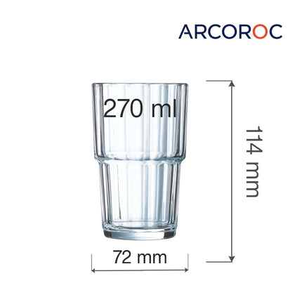 Arcoroc Norvege highball glass, 270ml tall glass for heavy use in catering and hospitality, shown with clear glass and sleek design.