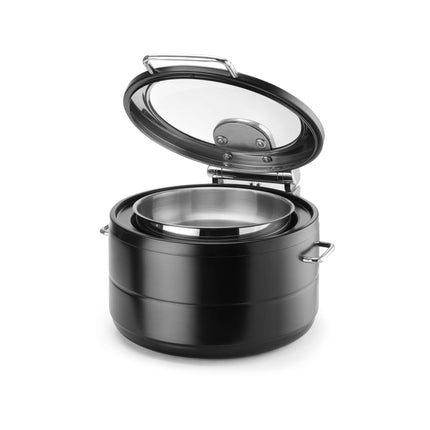 De Luxe Black Round Induction Chafing Dish With Glass Lid 9L - Induction Ready, Sleek Catering Performance