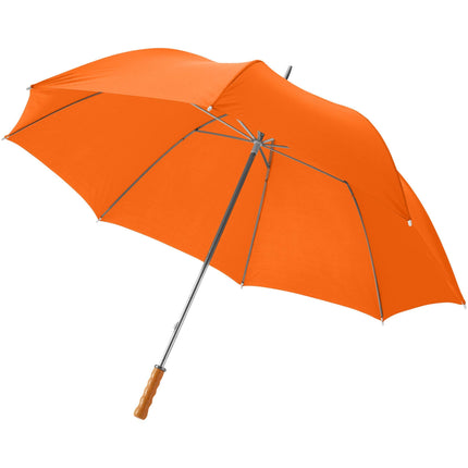 Orange 30-inch golf umbrella with wooden handle, shown in a pack of 25, by Custom Wood Designs.