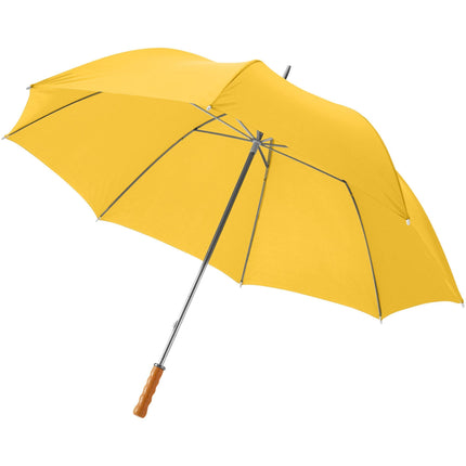 Pack of 25 Custom Wood Designs 30-inch golf umbrellas with wooden handles, blue canopy, ideal for golf course use.