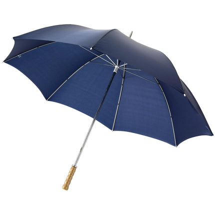 Set of 25 30-inch golf umbrellas with wooden handles by Custom Wood Designs, showcasing durable blue rain protection.