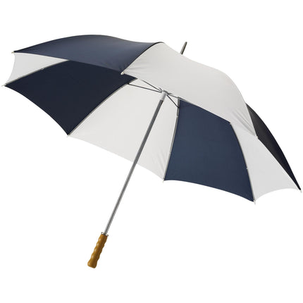 Set of 25 blue 30-inch golf umbrellas with wooden handles by Custom Wood Designs, ideal for golf courses and outdoor events.