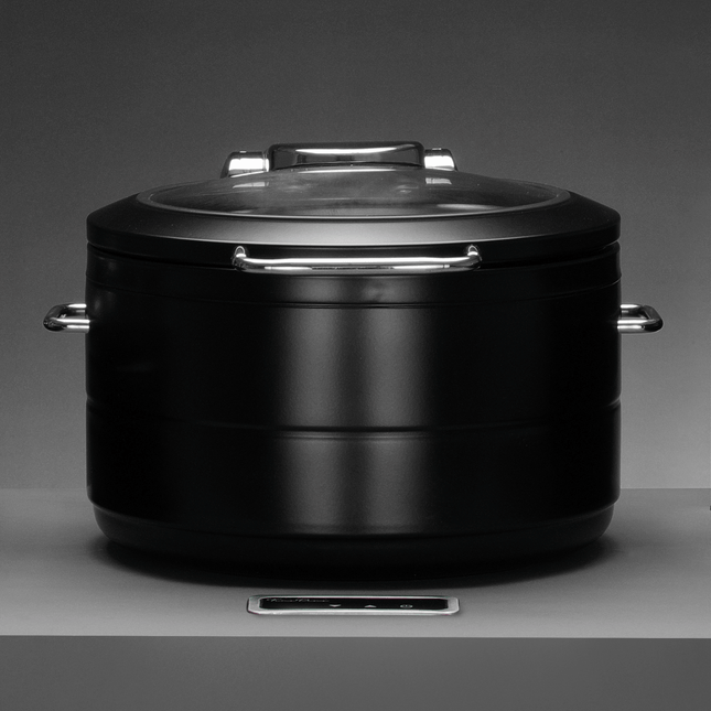 De Luxe Black Round Induction Chafing Dish With Glass Lid 9L - Induction Ready, Sleek Catering Performance